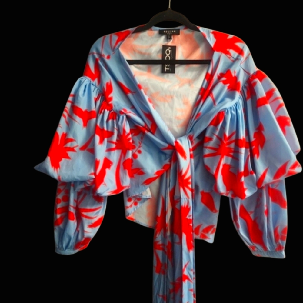Beulah Pastel Blue and Red puffy blouse